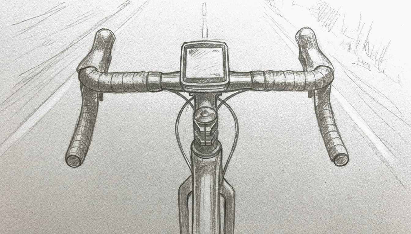 Cyclist's point of view — handlebars, head unit, and an open road ahead