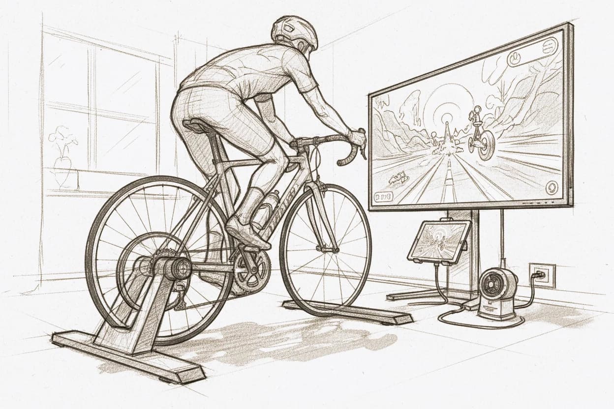Cyclist training on an indoor trainer with screen showing ride data