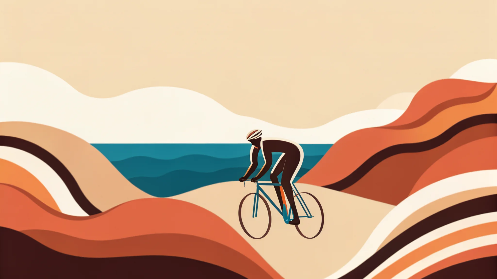 Art Deco illustration of a cyclist riding along a coastal road with ocean views