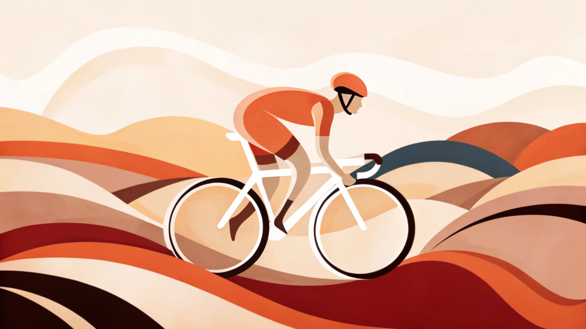 Abstract Art Deco illustration of a cyclist riding through flowing hills