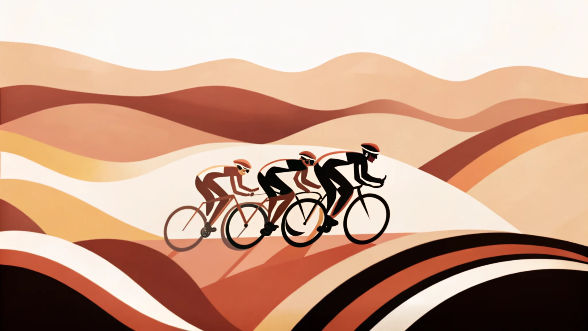 Art Deco illustration of three cyclists riding together through rolling hills